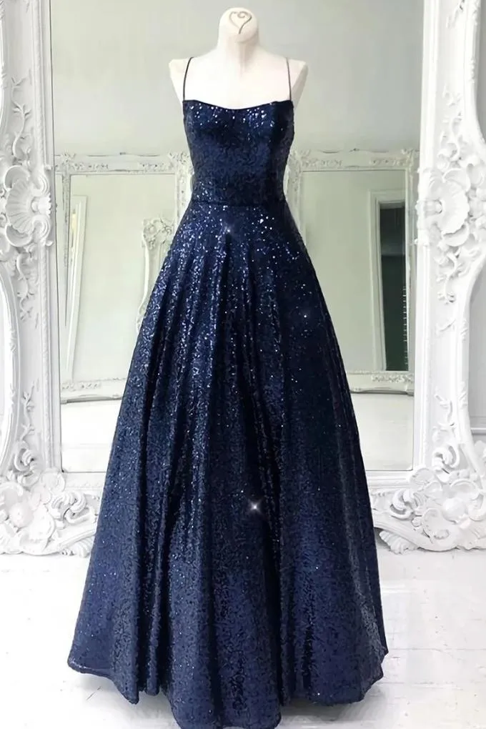 Stunning Sleeveless A Line Navy Blue Sequin Prom Dresses