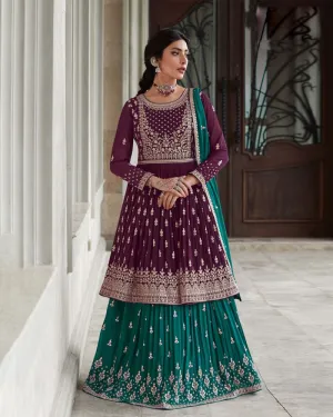 Stunning Thread Sequence Embroidered Georgette Wine & Rama Color Lehenga Set