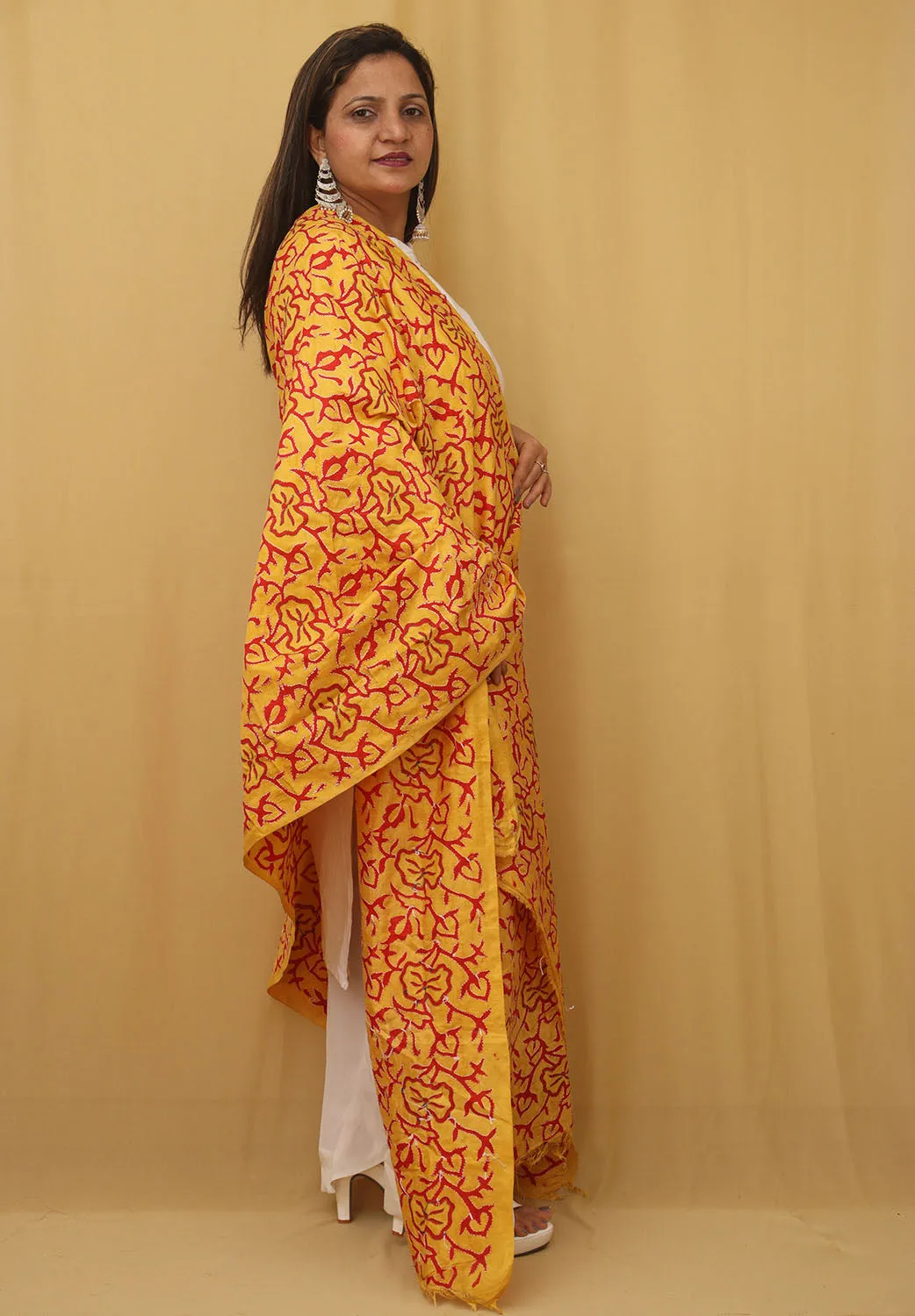 Stunning Yellow Kantha Silk Dupatta with Hand Embroidery