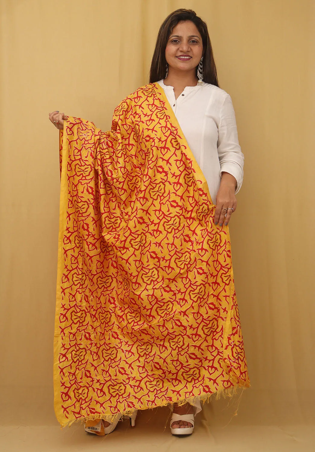 Stunning Yellow Kantha Silk Dupatta with Hand Embroidery