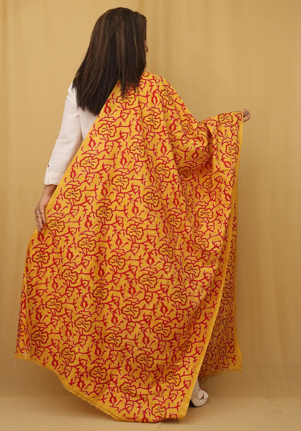 Stunning Yellow Kantha Silk Dupatta with Hand Embroidery