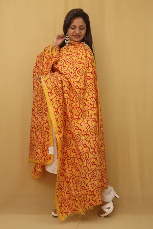 Stunning Yellow Kantha Silk Dupatta with Hand Embroidery