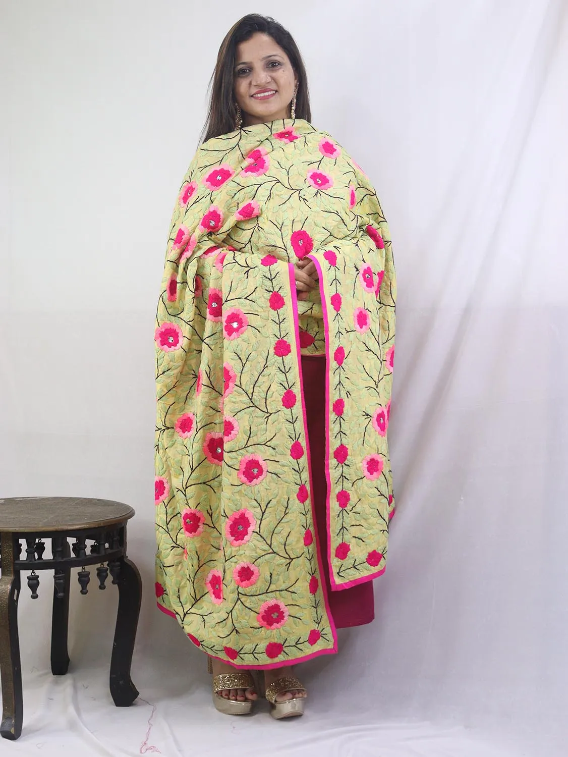 Stunning Yellow Phulkari Chanderi Silk Dupatta with Hand Embroidery