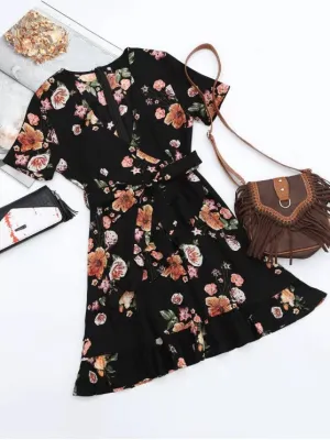 TastyHottie - Stunning Floral Plunging Neck Ruffles Surplice Dress