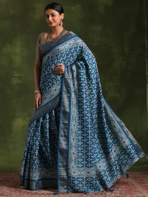 Teal Printed Silk Blend Saree With Unstitched Blouse Piece