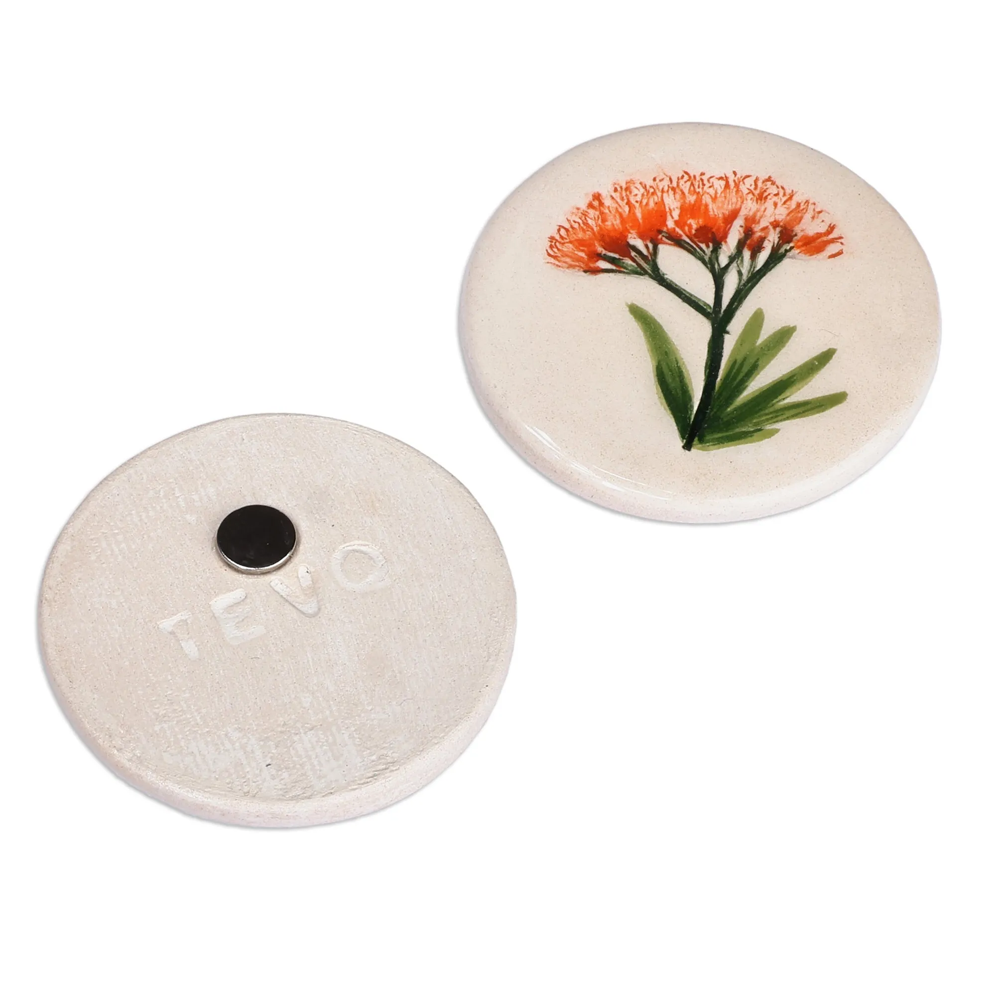 Two Hand-Painted Ceramic Magnets with Orange Flower Motifs - Orange Blooms | NOVICA