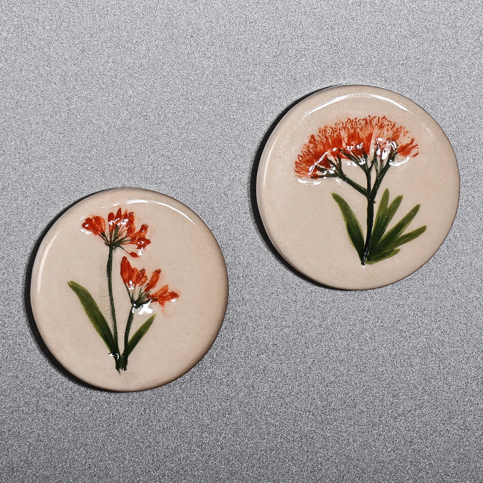 Two Hand-Painted Ceramic Magnets with Orange Flower Motifs - Orange Blooms | NOVICA