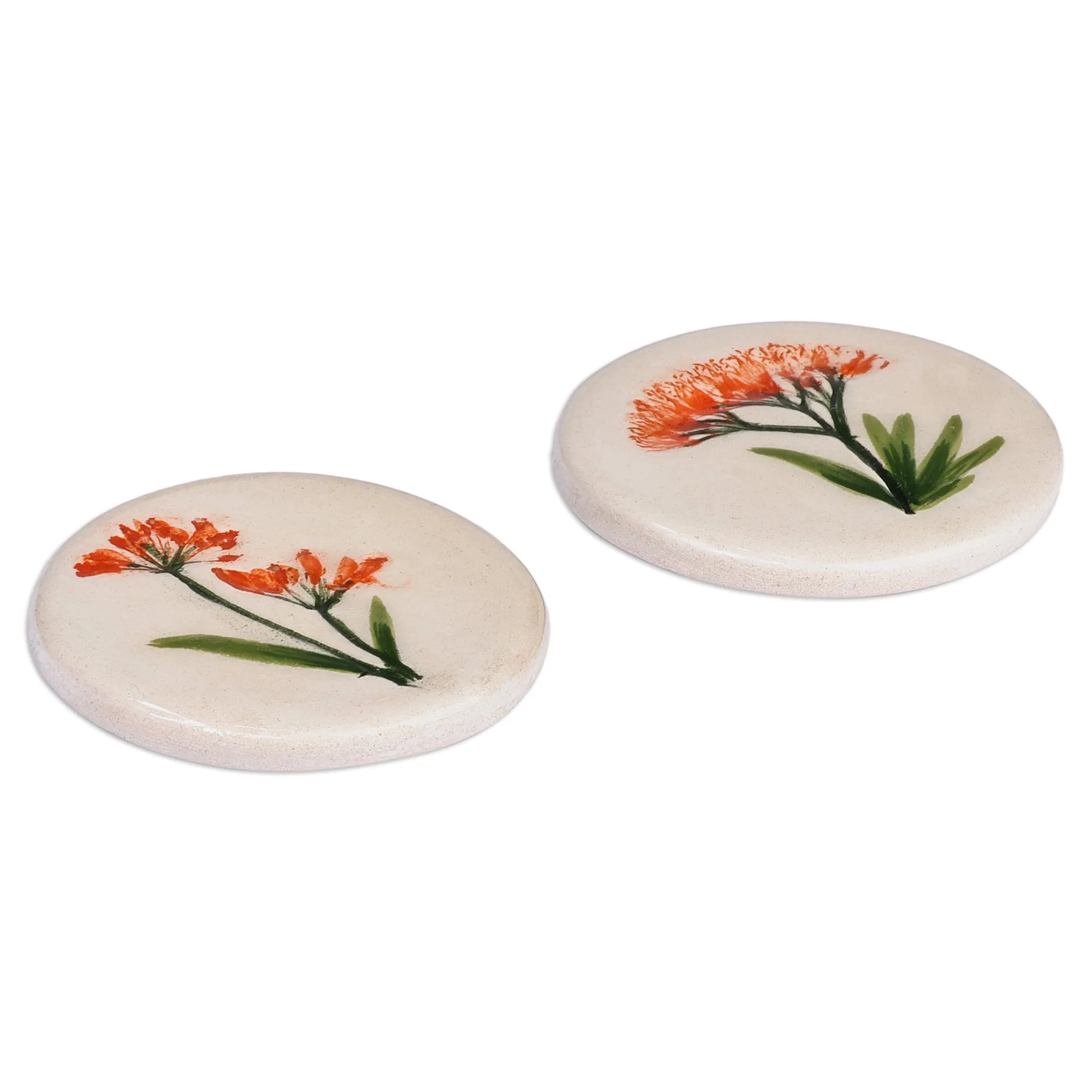 Two Hand-Painted Ceramic Magnets with Orange Flower Motifs - Orange Blooms | NOVICA