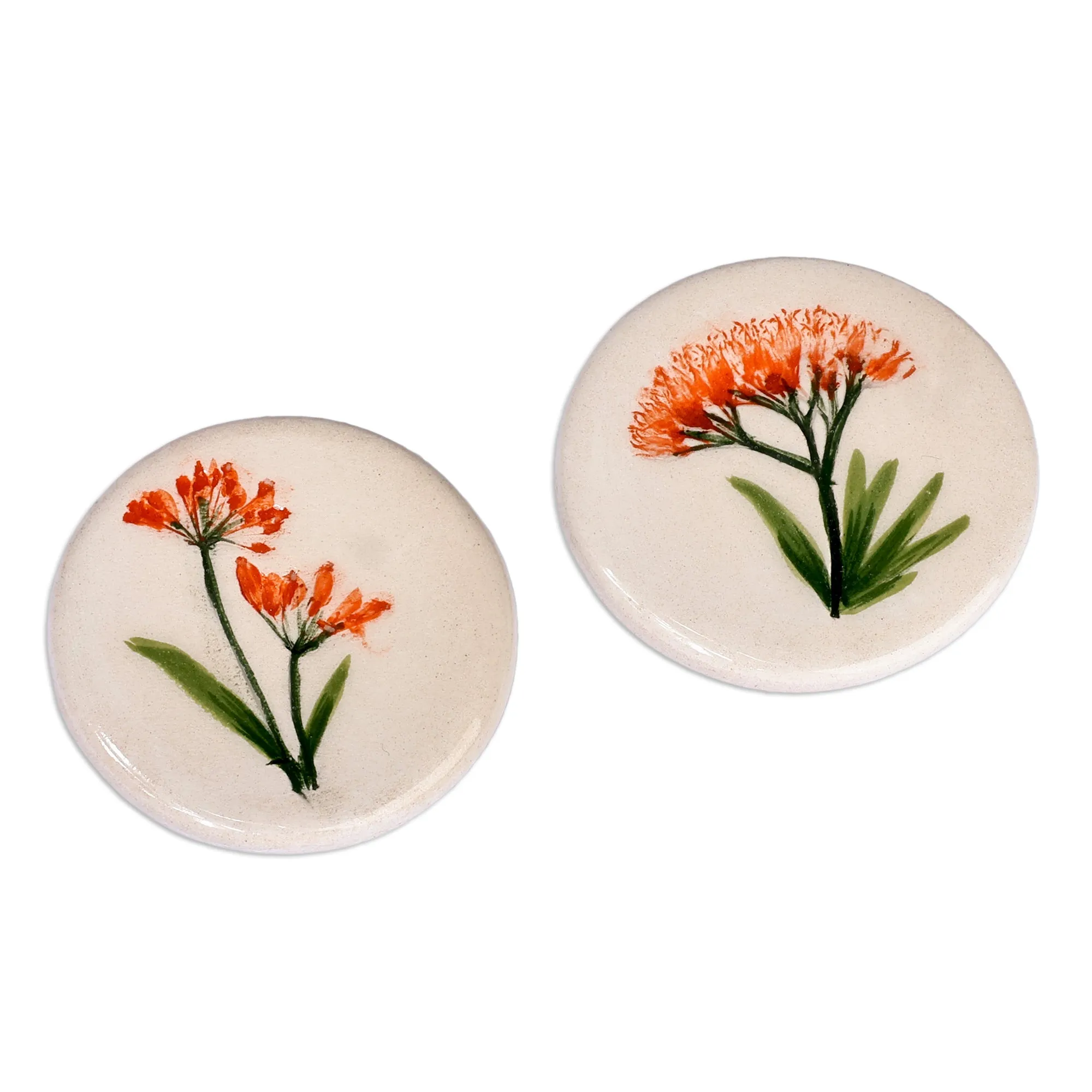 Two Hand-Painted Ceramic Magnets with Orange Flower Motifs - Orange Blooms | NOVICA