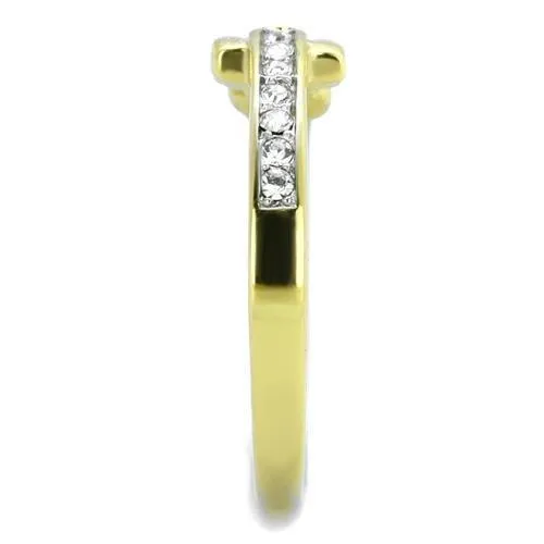 Two-Tone IP Gold (Ion Plating) Stainless Steel Ring with Top Grade Crystal in Clear for Women Style TK2164