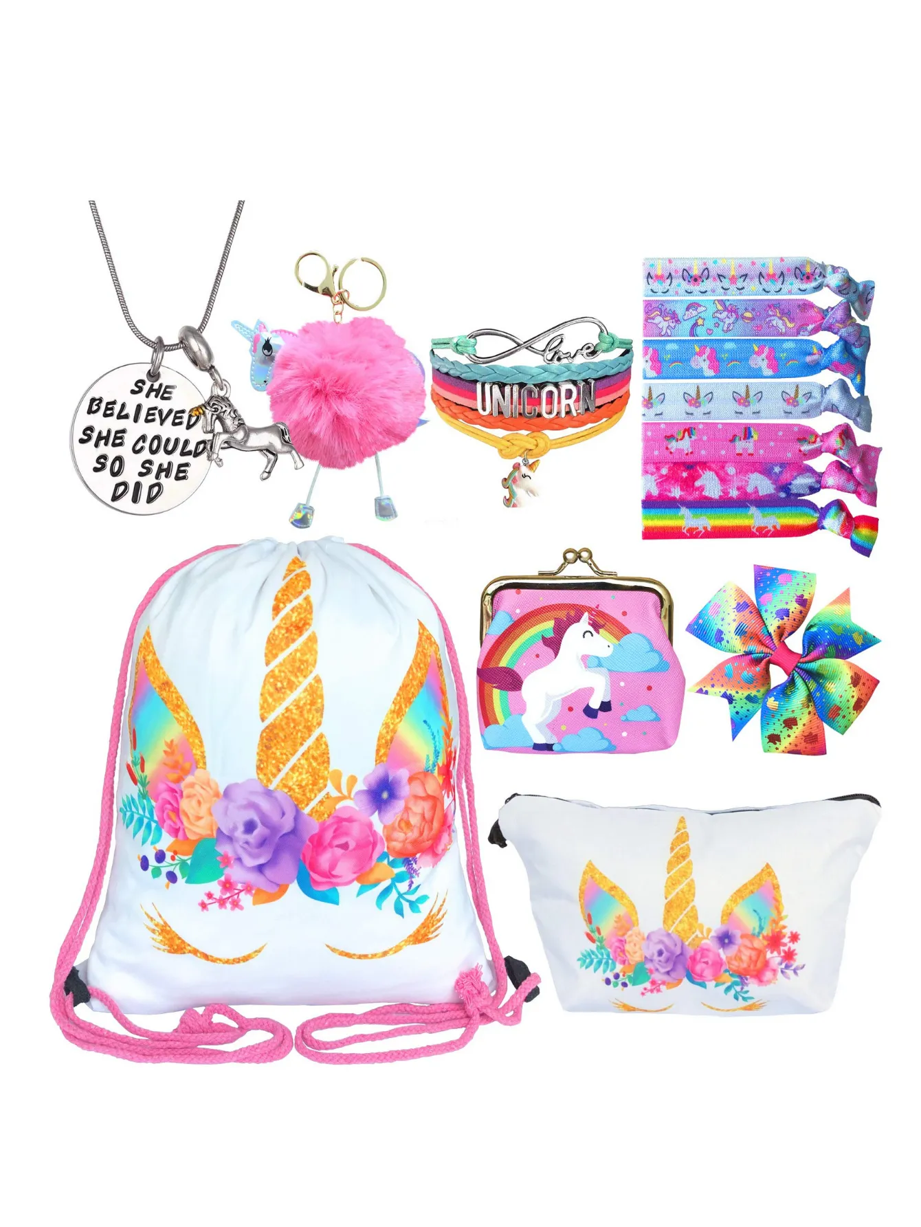 Unicorn Gifts for Girls - Unicorn Drawstring Backpack/Makeup Bag/Bracelet/Necklace/Hair Ties/Keychain/Sticker (White Rose 3)