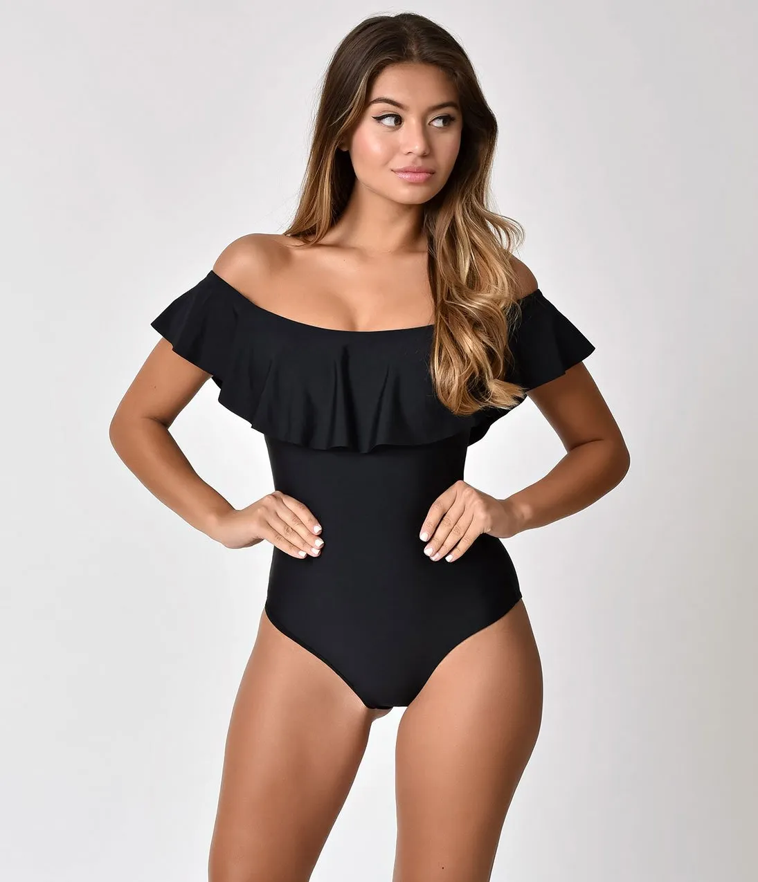 Unique Vintage Black Ruffled Off Shoulder Beatrix Swimsuit