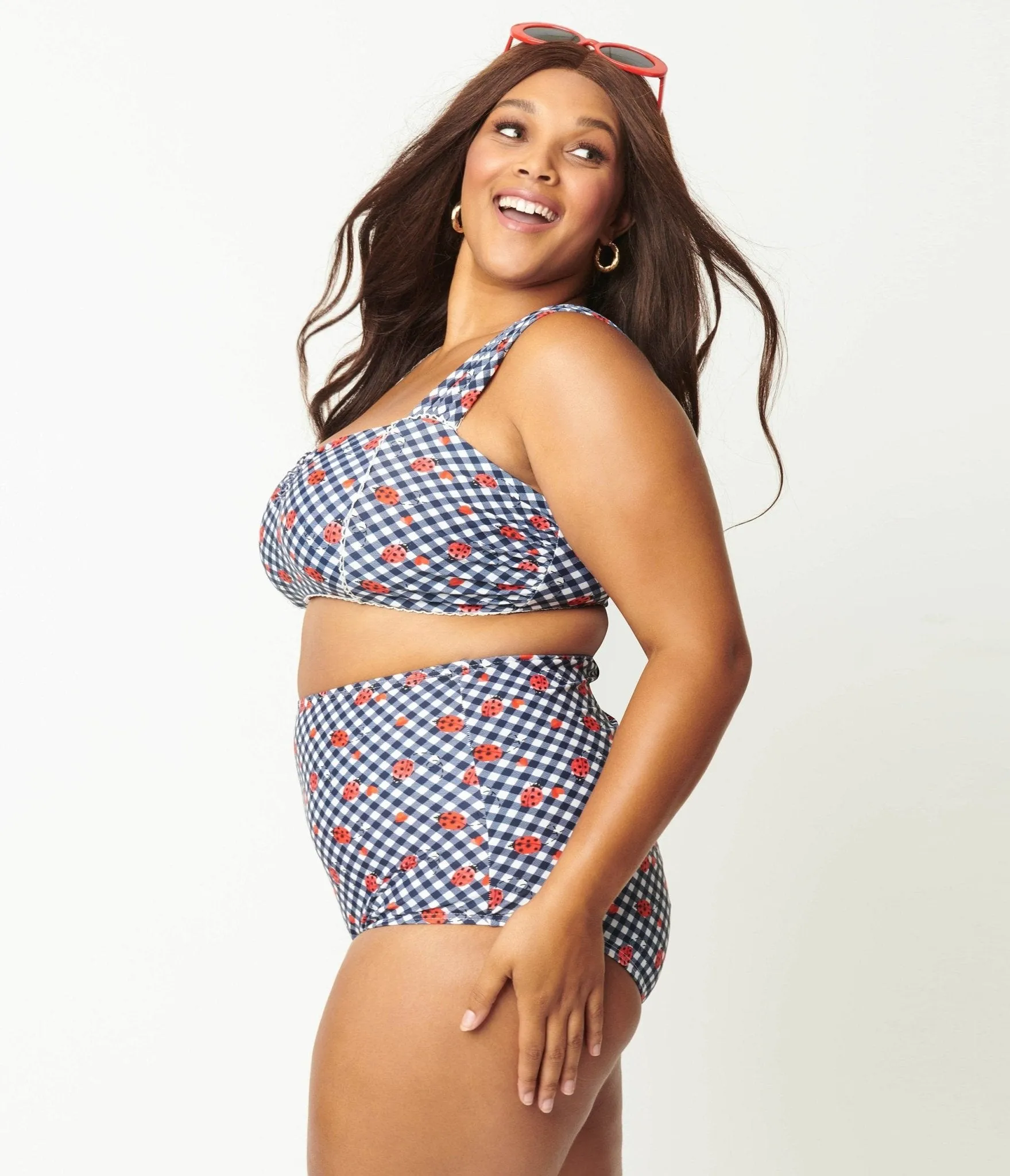 Unique Vintage Plus Size Navy Gingham & Ladybug Print High Waist Louise Swim Bottom