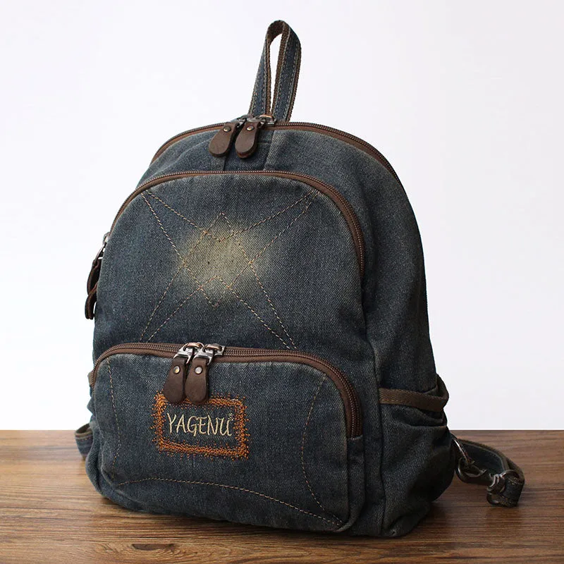 Vintage Denim Backpack School Backpack Bag Womens Blue Denim School Rucksack For Women