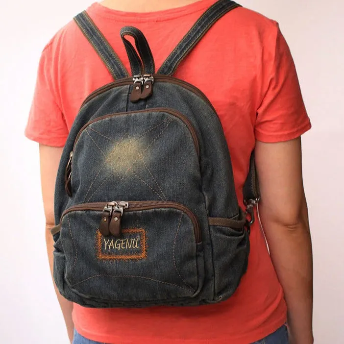 Vintage Denim Backpack School Backpack Bag Womens Blue Denim School Rucksack For Women