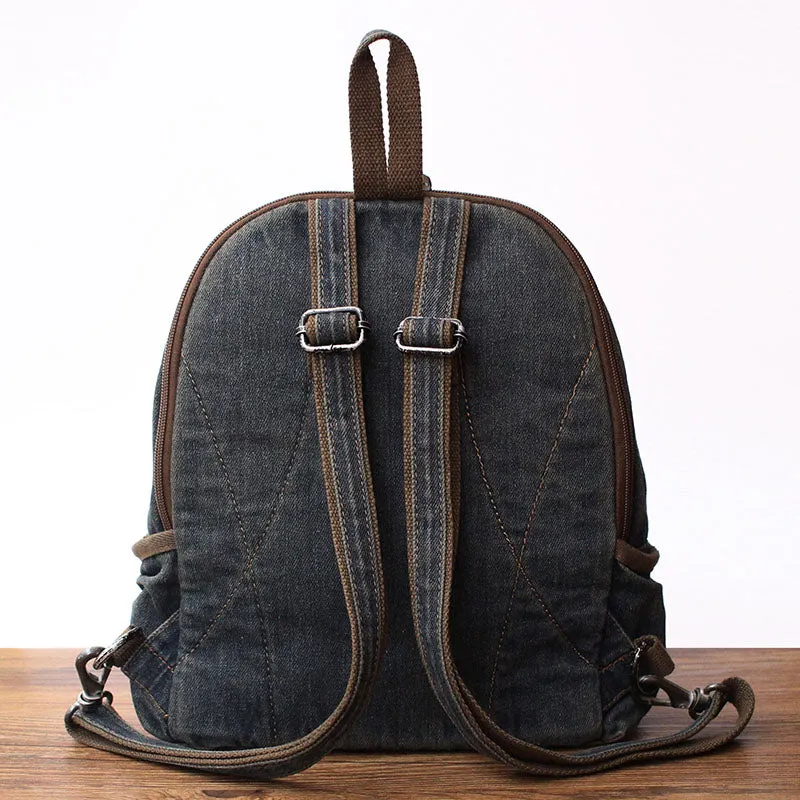 Vintage Denim Backpack School Backpack Bag Womens Blue Denim School Rucksack For Women