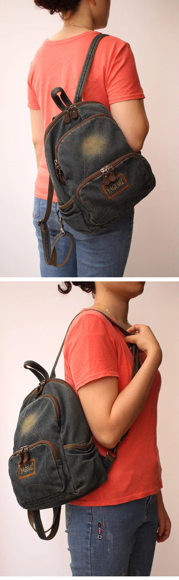 Vintage Denim Backpack School Backpack Bag Womens Blue Denim School Rucksack For Women