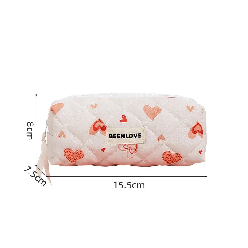 Vvsha Fashion Women Heart Cosmetic Quilted Bag Portable Makeup Toiletry Organizer Storage Pouch Handbag Cute Cotton Make Up Zipper Bag