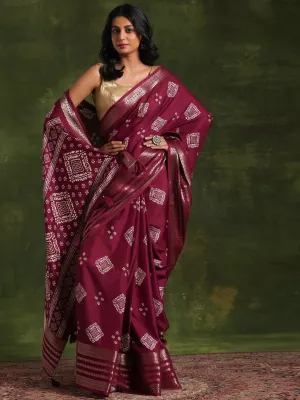 Wine Printed Silk Blend Saree With Unstitched Blouse Piece