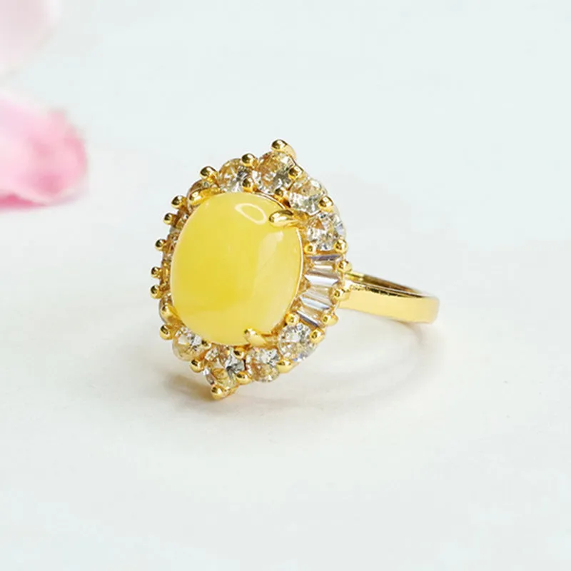 Yellow Amber Honey Wax Halo Ring with Zircon Luxury Accent