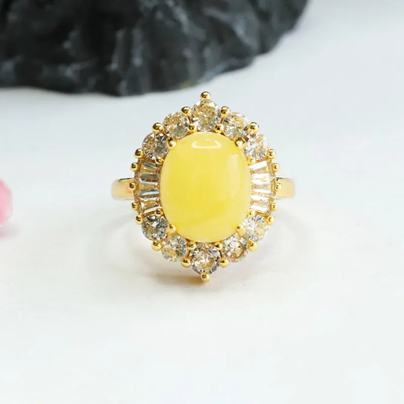 Yellow Amber Honey Wax Halo Ring with Zircon Luxury Accent