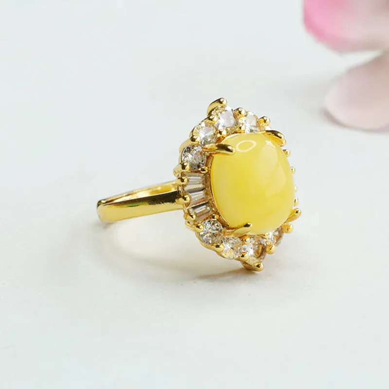 Yellow Amber Honey Wax Halo Ring with Zircon Luxury Accent