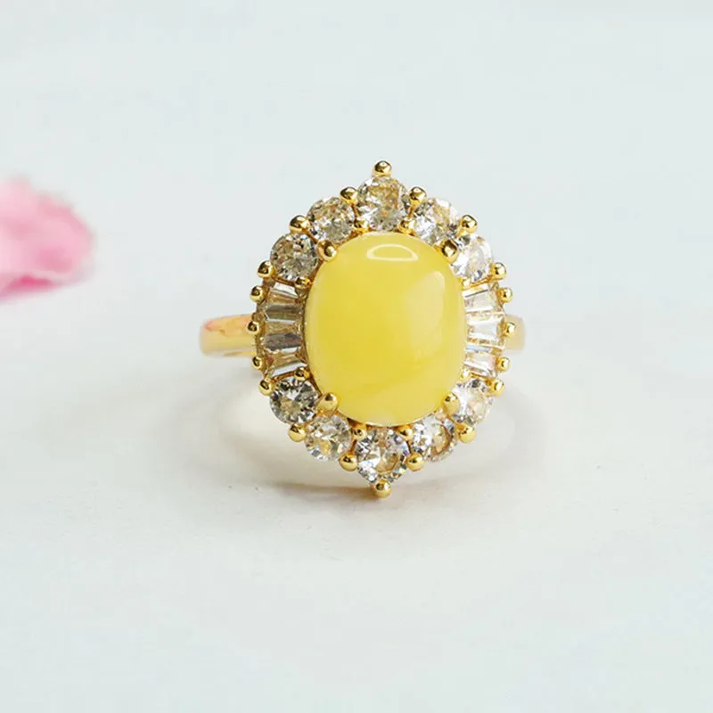 Yellow Amber Honey Wax Halo Ring with Zircon Luxury Accent