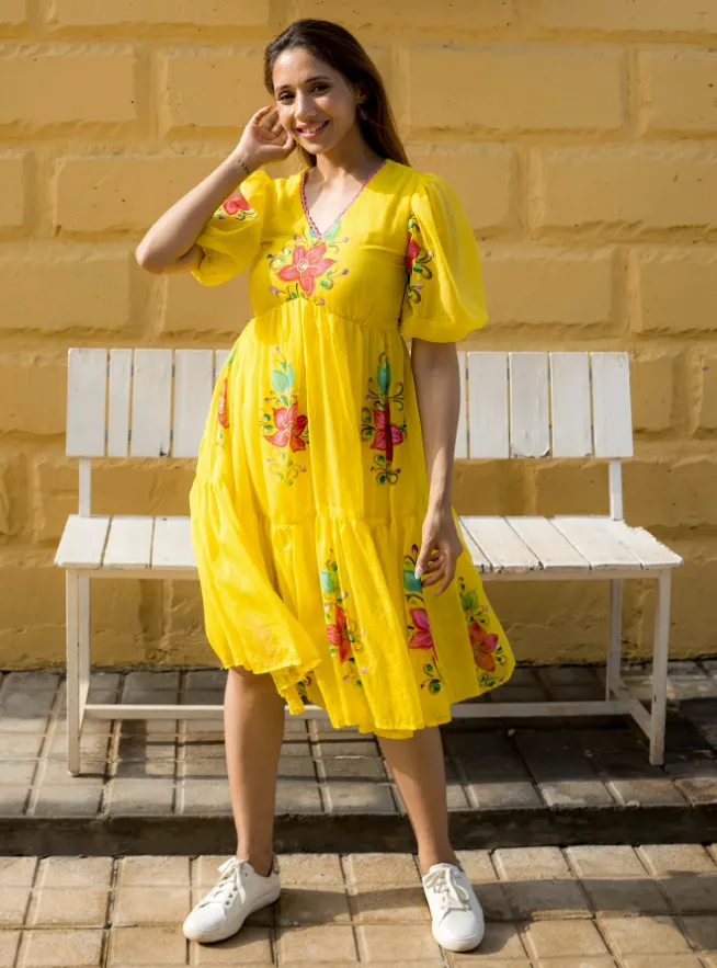 Yellow Digital Print Kota Checks Kurti with Full Flair