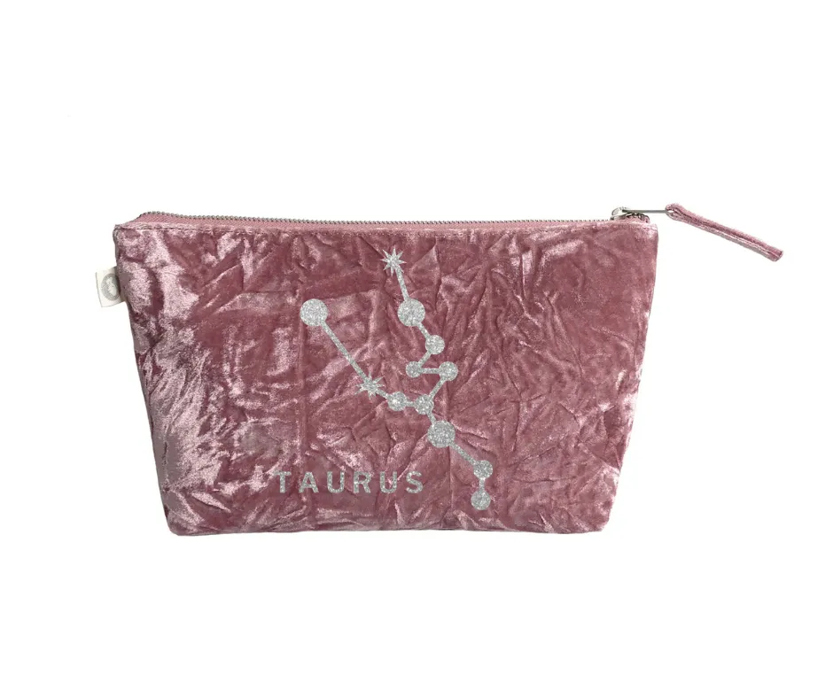 Zodiac Pink Crushed Velvet Large Makeup Bag -  Taurus